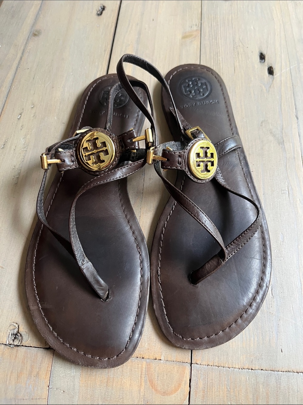 Tory Burch Dark Brown Leather Sandals with Gold Logo Emblems Size 8.5